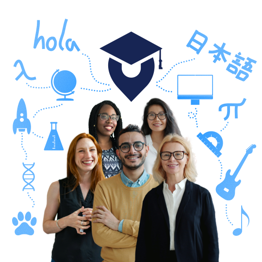 A diverse group of independent tutors surrounded by subject icons for languages, science, music and more